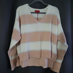 Jennifer Lopez V-Neck Sweater - Pink and White Stripes